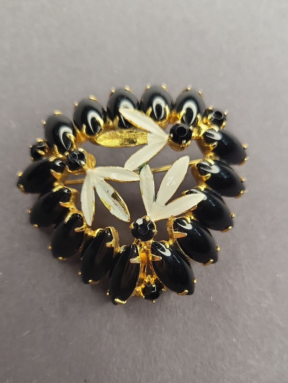 Black Stones and Cream Enamel Floral Brooch